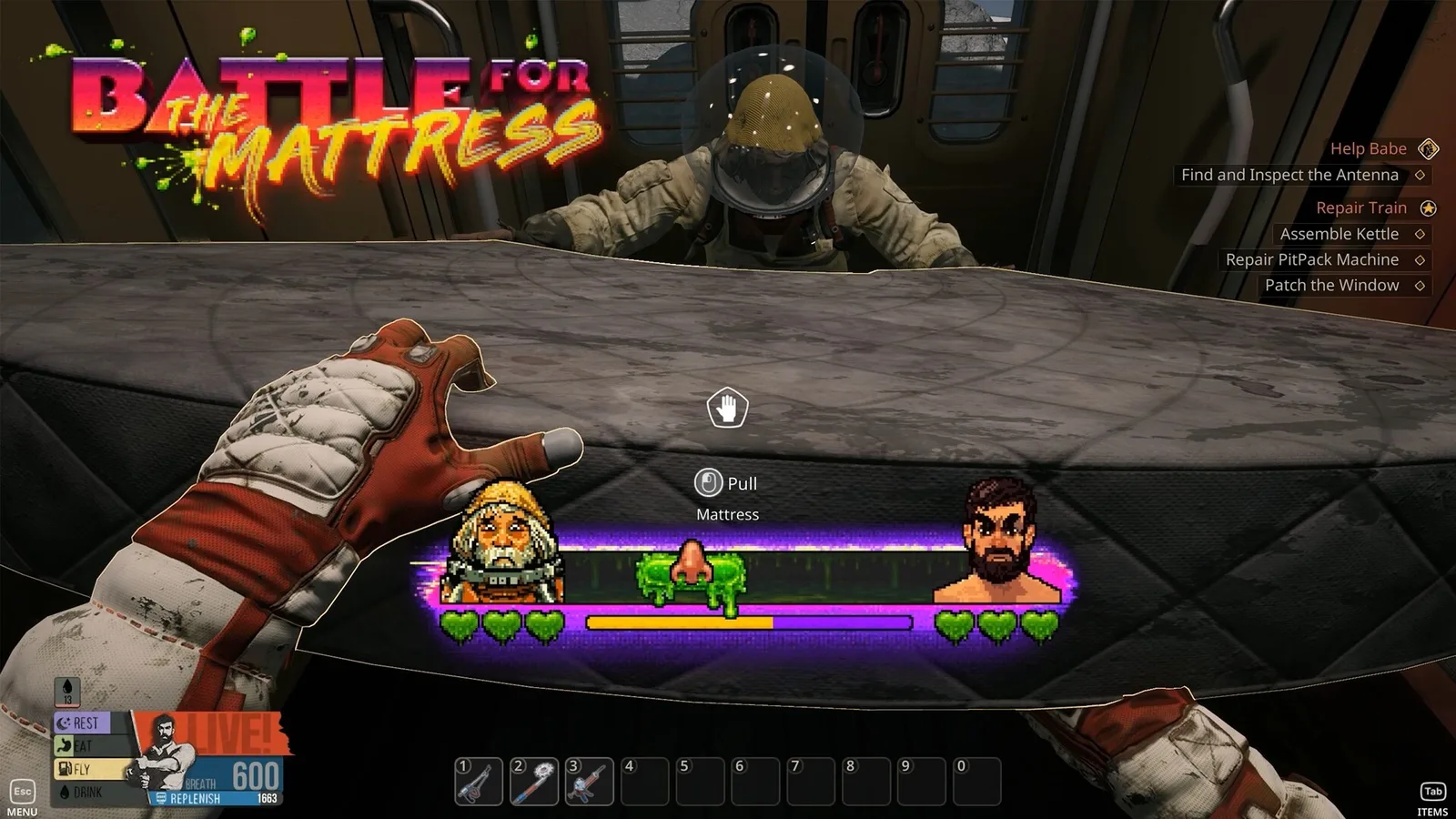 Official Breathedge 2 gameplay screenshot with hostile robotic encounters and character status UI