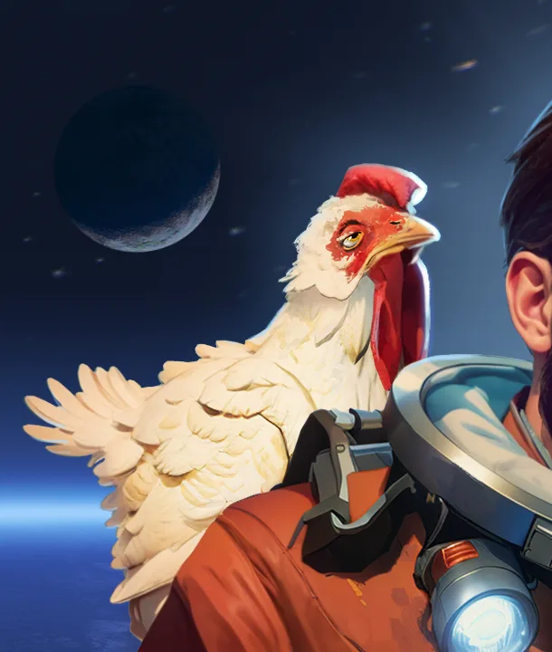 The immortal Chicken perched behind the Man in official Breathedge 2 key art