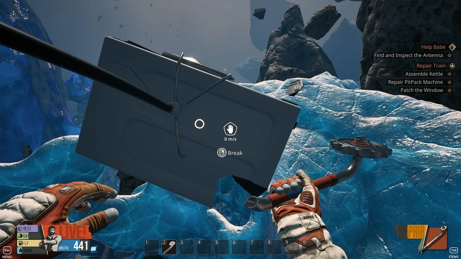 First-person Breathedge 2 view using the suit AI arm to hold a panel in open space