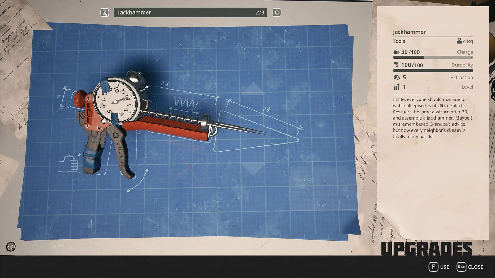 Breathedge 2 upgrade screen showing the Jackhammer tool blueprint and stats