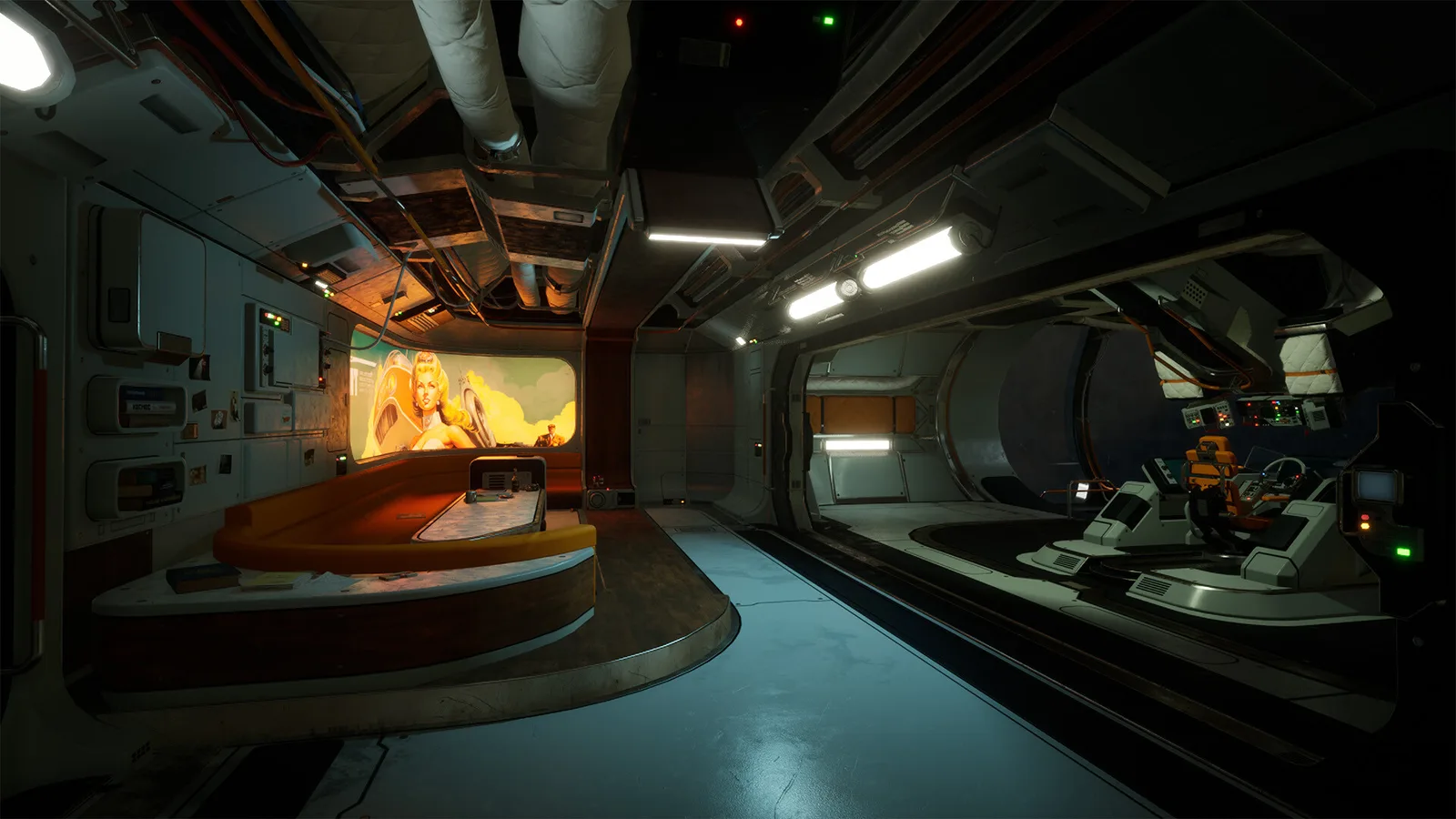 Breathedge 2 spacecraft interior with a crew area, control station and orange seating