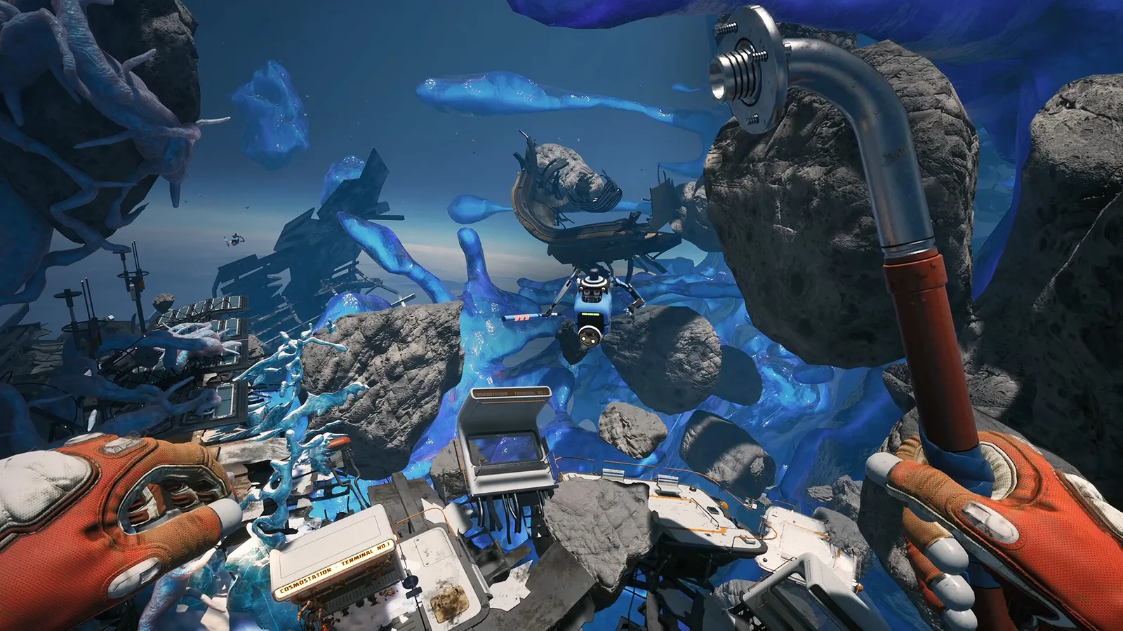 First-person Breathedge 2 view across a blue asteroid field while holding a pipe tool