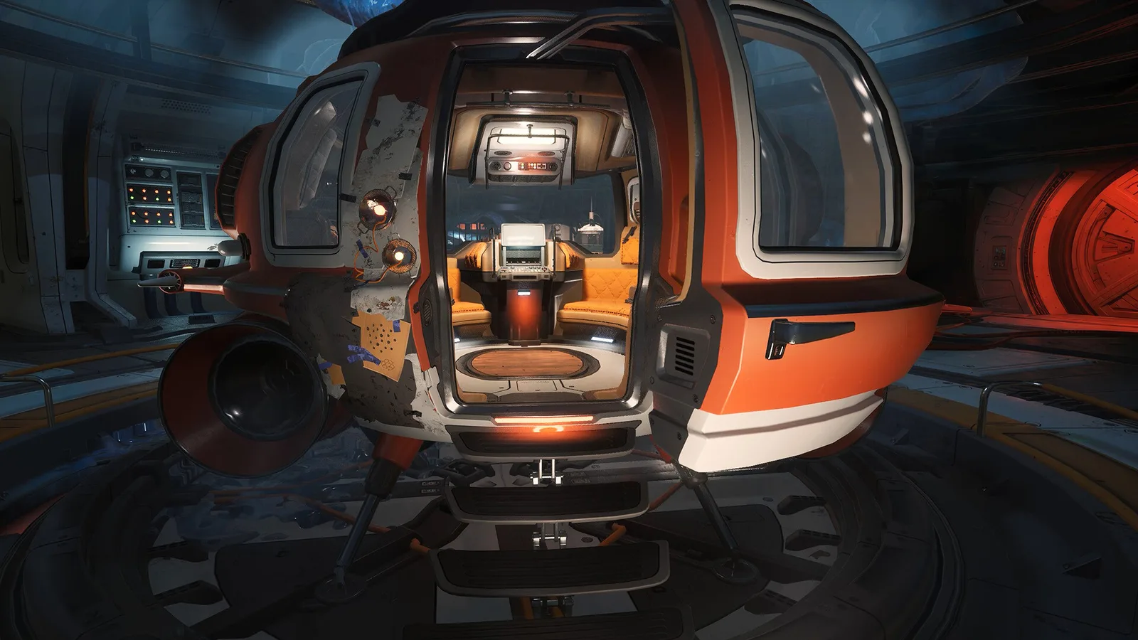 Orange Breathedge 2 shuttle cabin inside a dark space station hangar