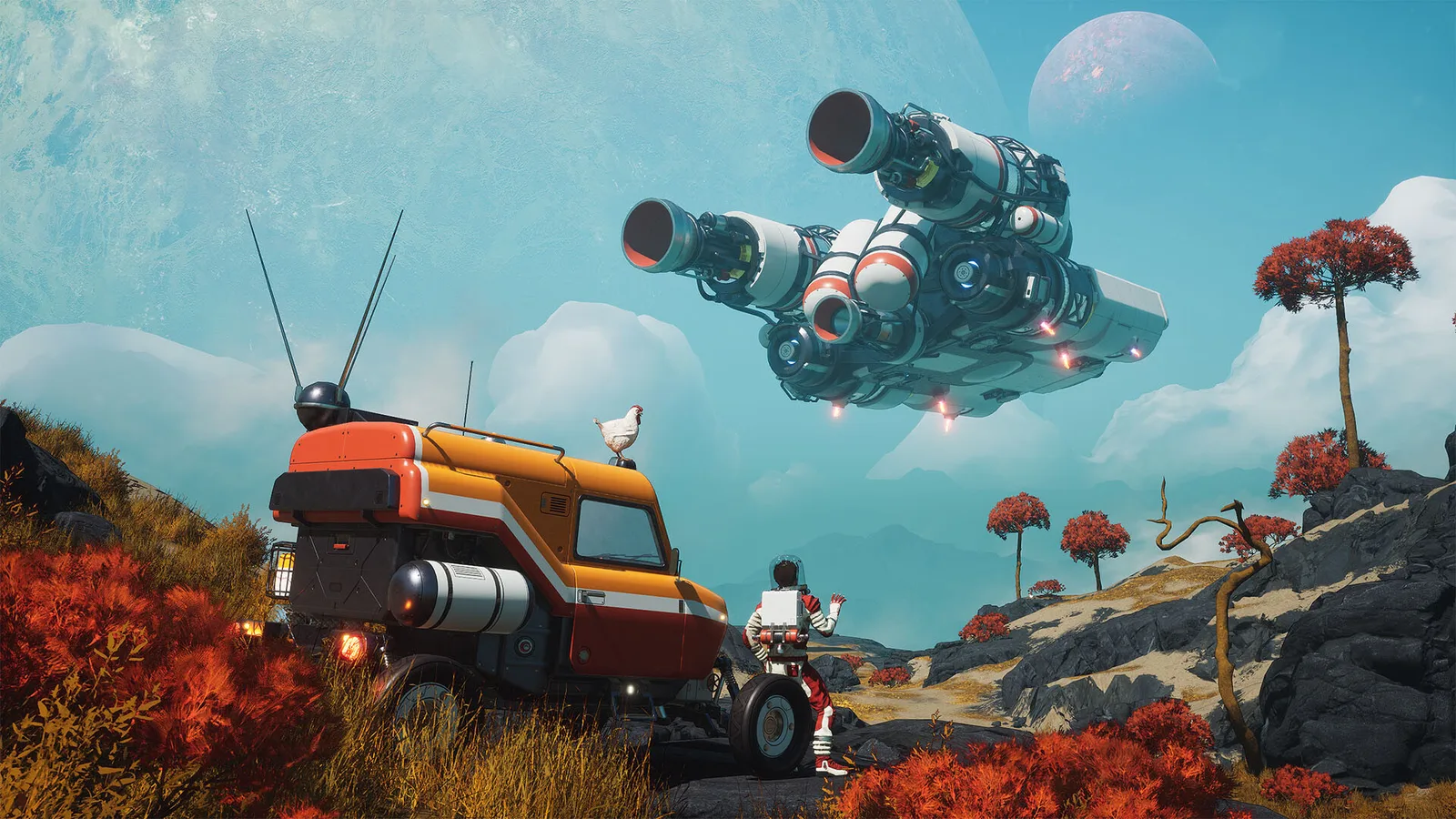 Breathedge 2 rover and personal spacecraft on an alien planet beneath a blue sky