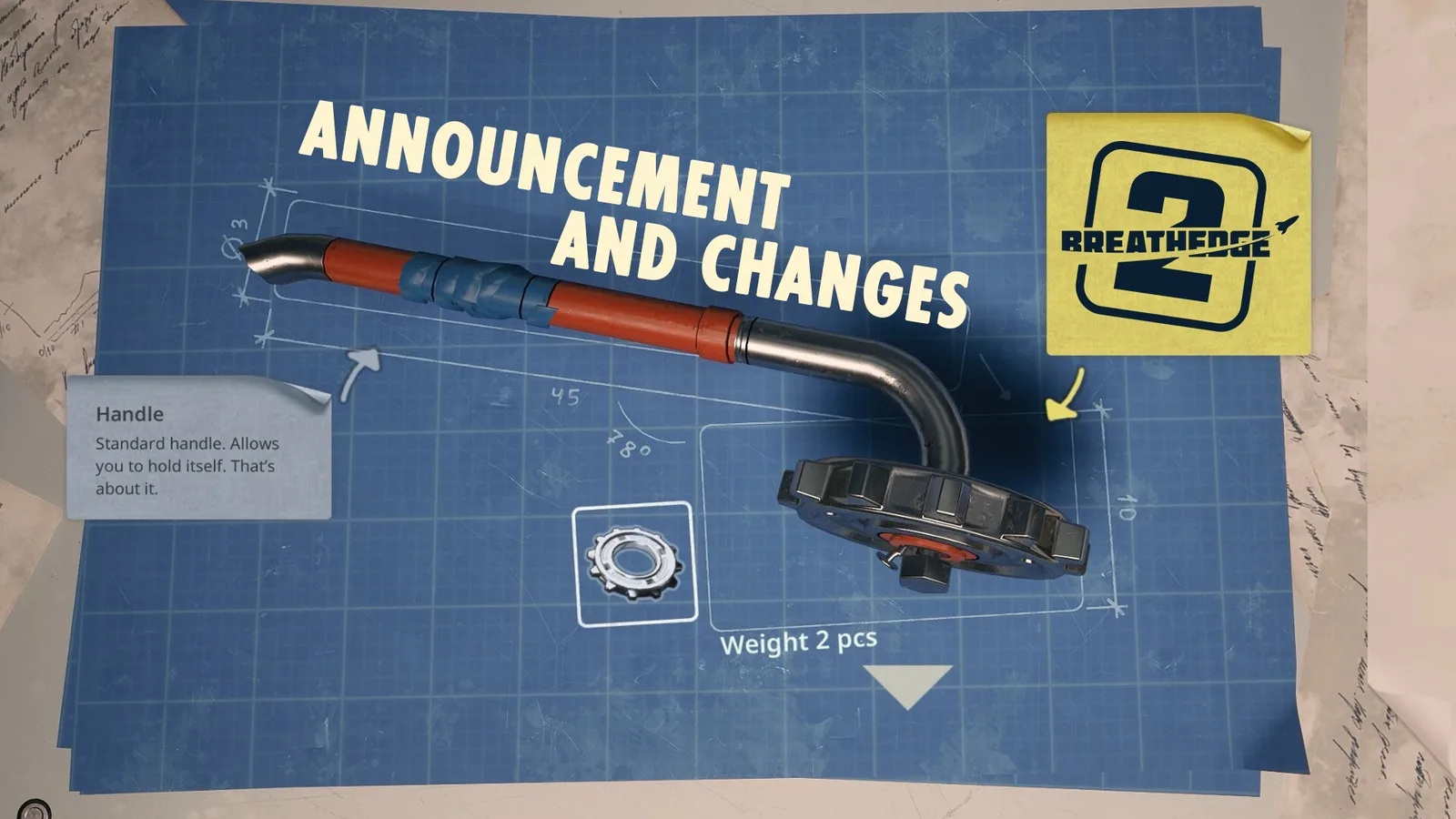 Official Breathedge 2 announcement art showing a tool and modular DIY parts on a blueprint