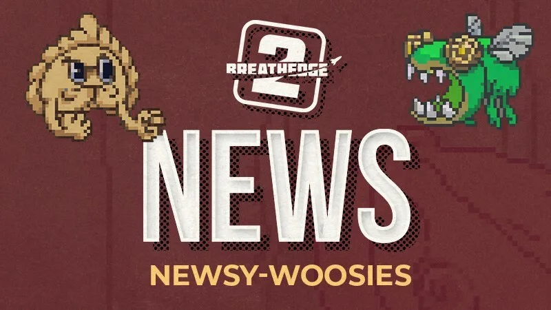 Official pixel-art Breathedge 2 News Newsy-woosies header with space creatures