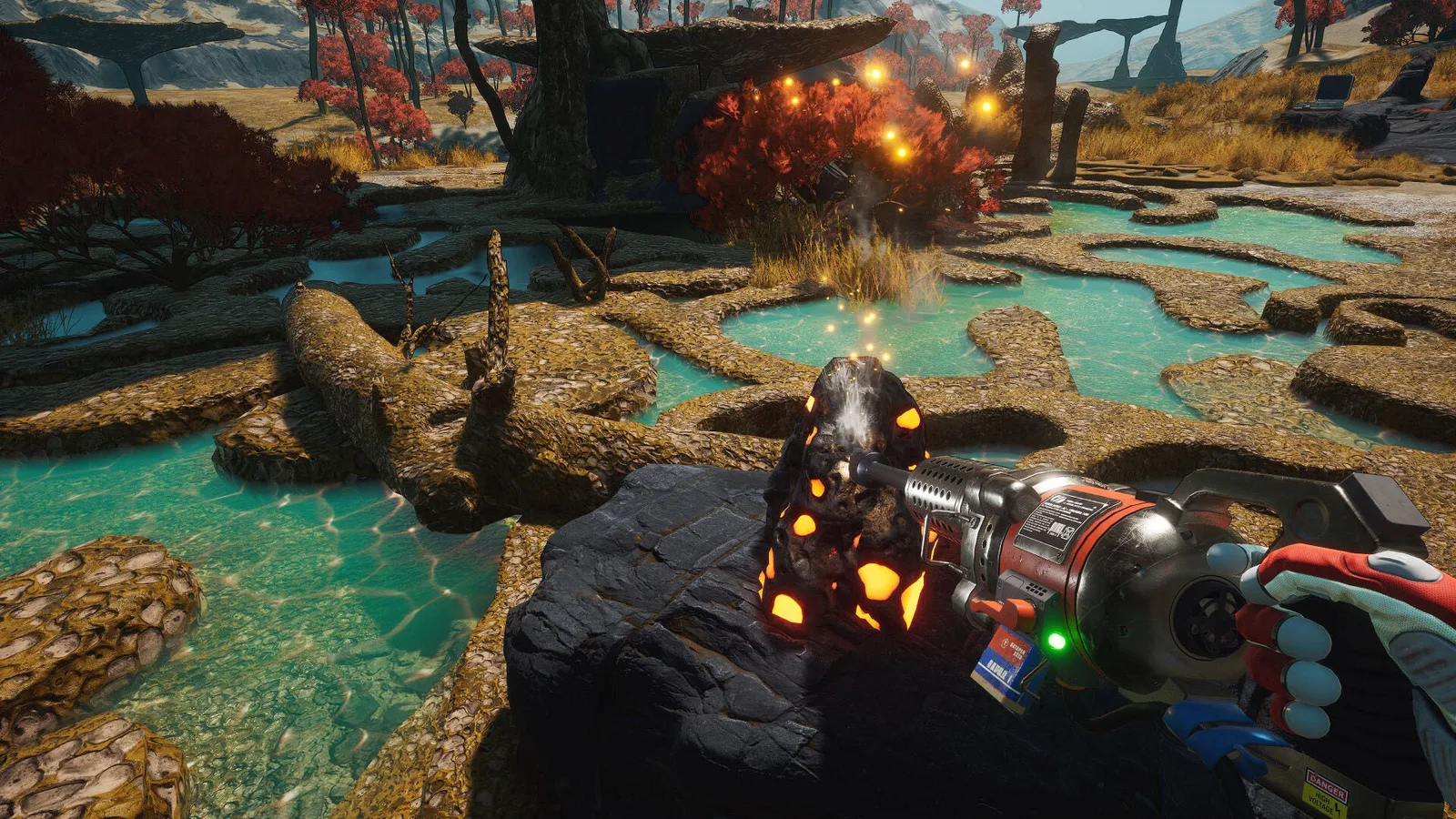 First-person Breathedge 2 exploration on an alien landscape with turquoise pools and red trees